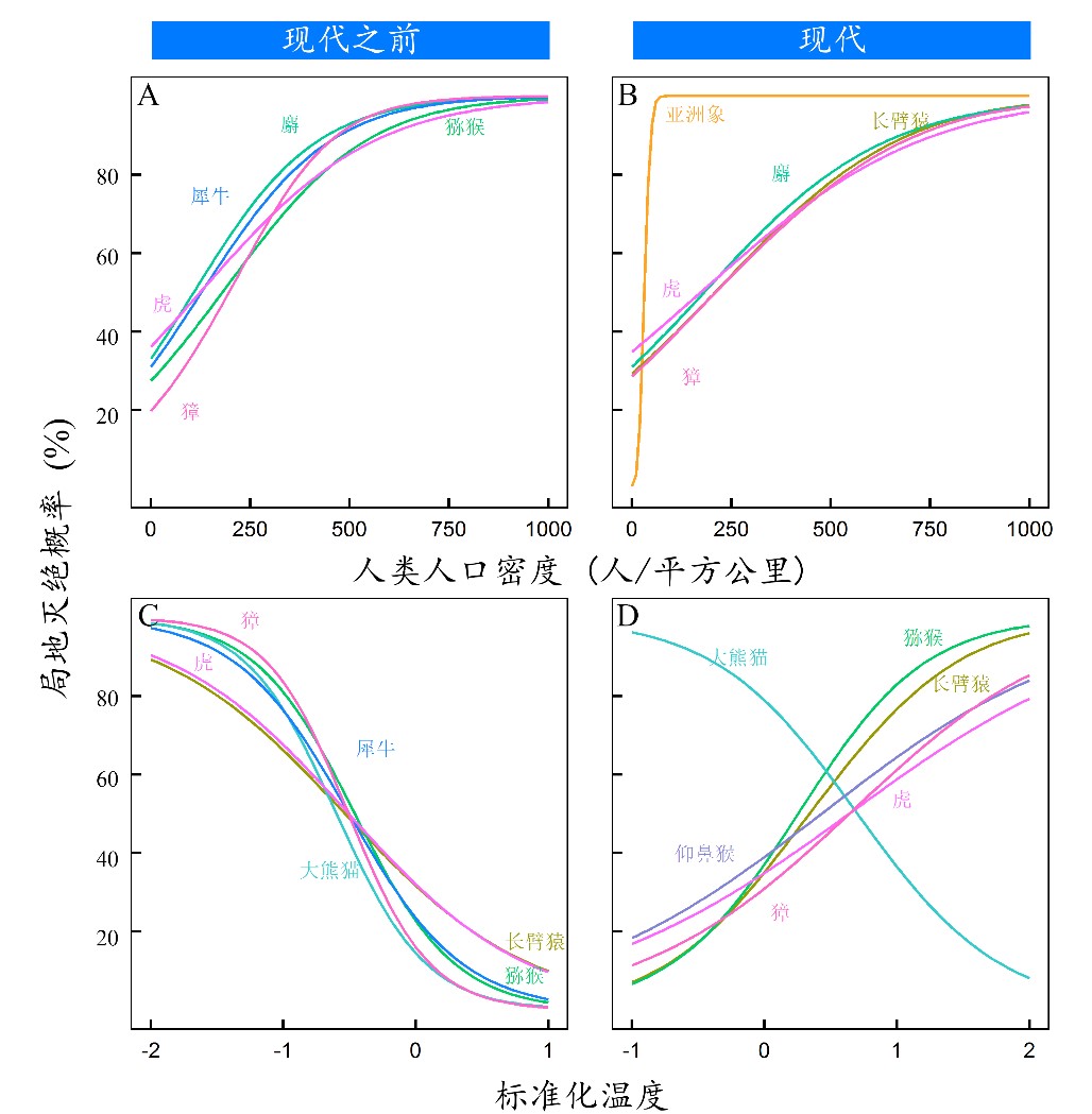 图2:11种哺乳动物对人为干扰和气候变化的响应。局地灭绝概率与平均人口密度(A:现代之前;B:现代)和标准化平均夏季温度(C:现代之前; D:现代)的关系。 图2:11种哺乳动物对人为干扰和气候变化的响应。局地灭绝概率与平均人口密度(A:现代之前;B:现代)和标准化平均夏季温度(C:现代之前; D:现代)的关系。
